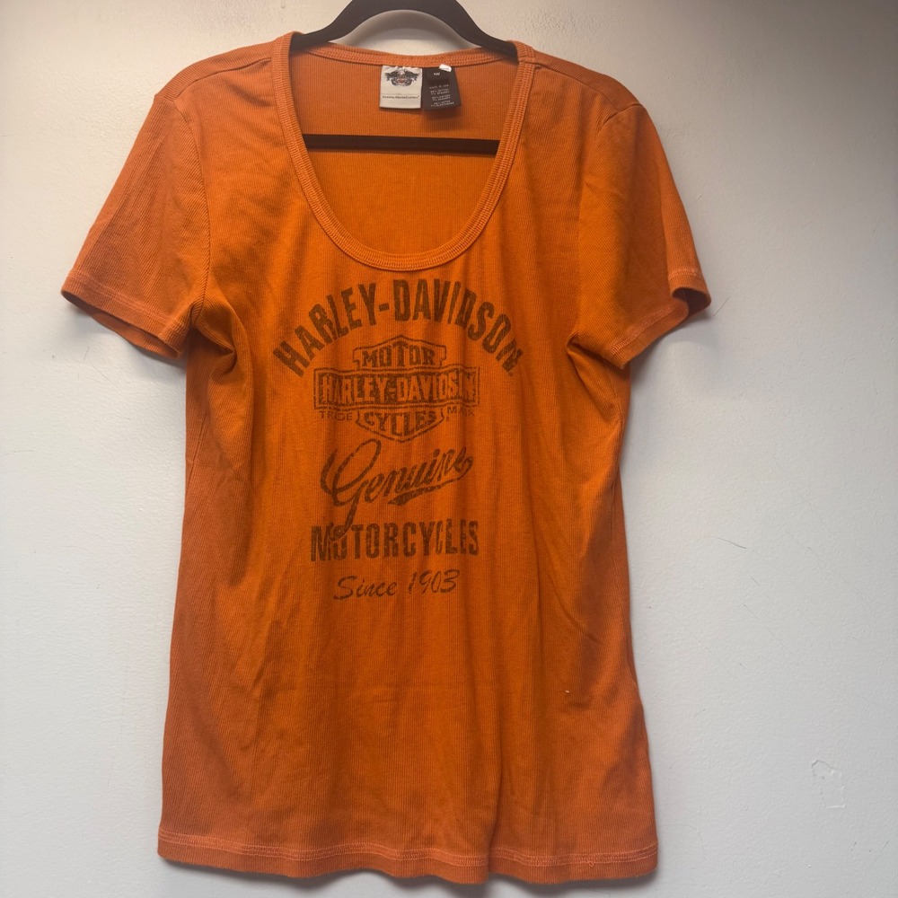 Harley-Davidson T-Shirt Women 1W Orange Excellent Ribbed Graphic Scoop Neck USA